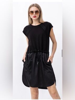 DKNY Black Mixed Media Short Sleeve Drawstring Waist Dress